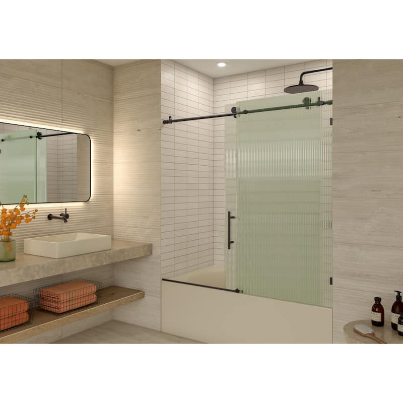 Galaxy 60 in. x 60 in. Fully Frameless Fluted Glass Sliding Bathtub Doors - Lefthand