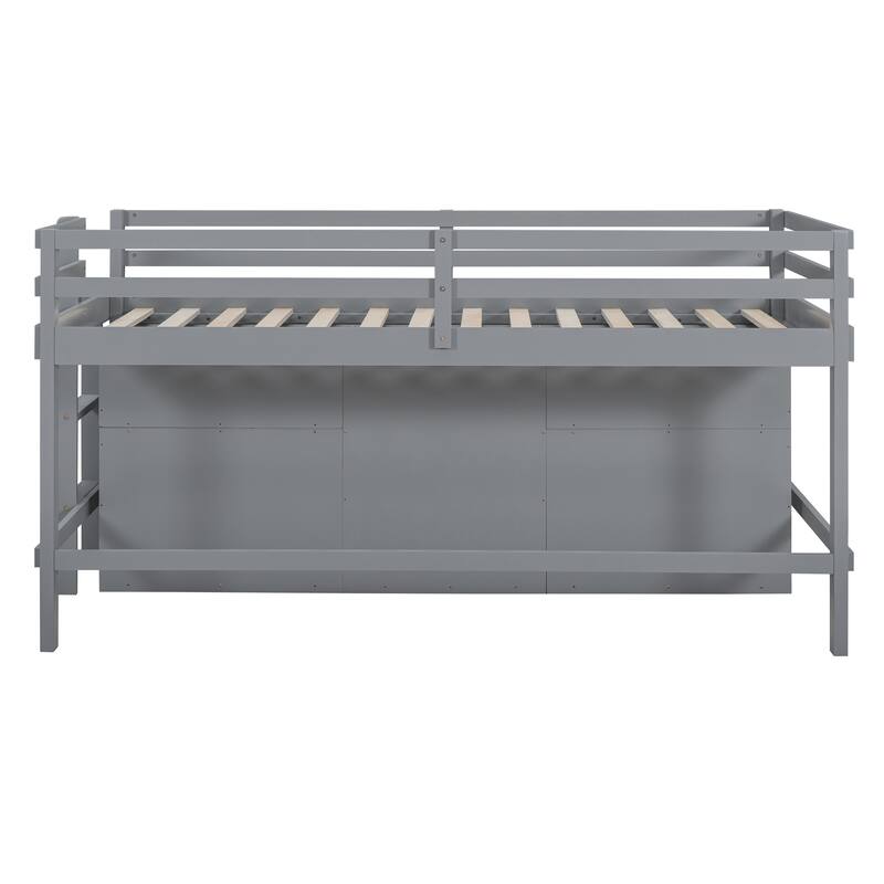 Space-Saving Twin Loft Bed with Drawers, Cabinet, and Shelves in Gray