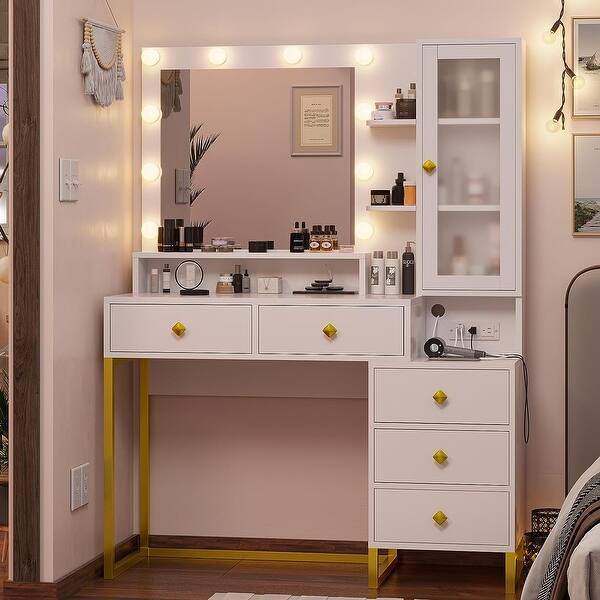 Makeup Vanity with Charging Station Mirror with Lights 5 Drawers