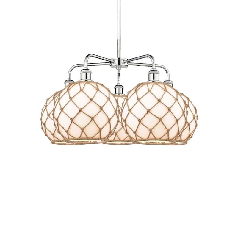 Innovations Lighting 516-5CR-18-29 Farmhouse Rope Chandelier Farmhouse - Polished Chrome / White Glass with Brown Rope