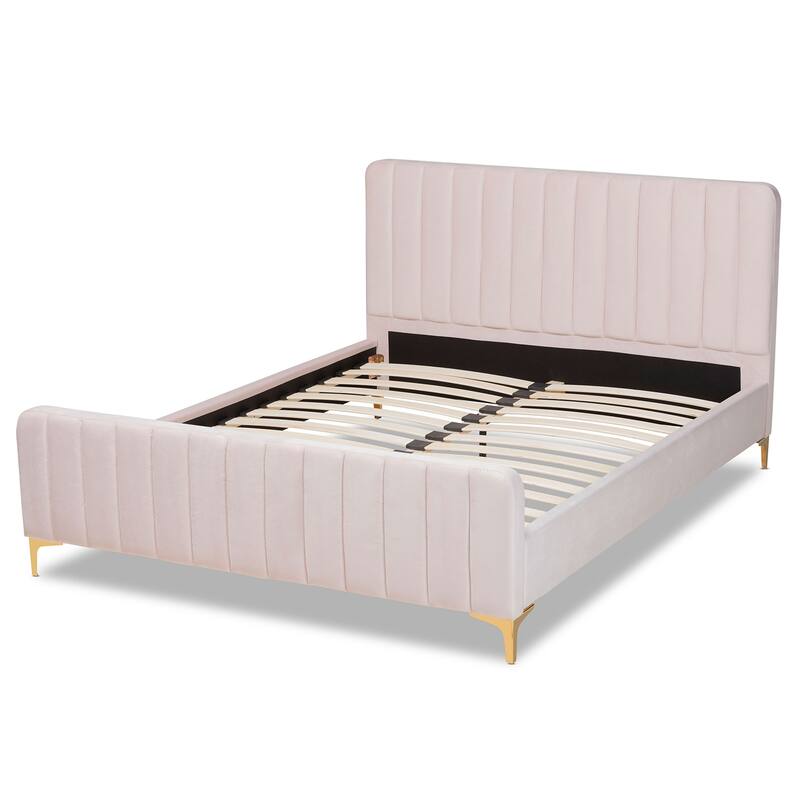 Queen Size Platform Bed - Velvet Upholstered Bed Frame with Gold Finish - Rustic Revival Bedroom Furniture