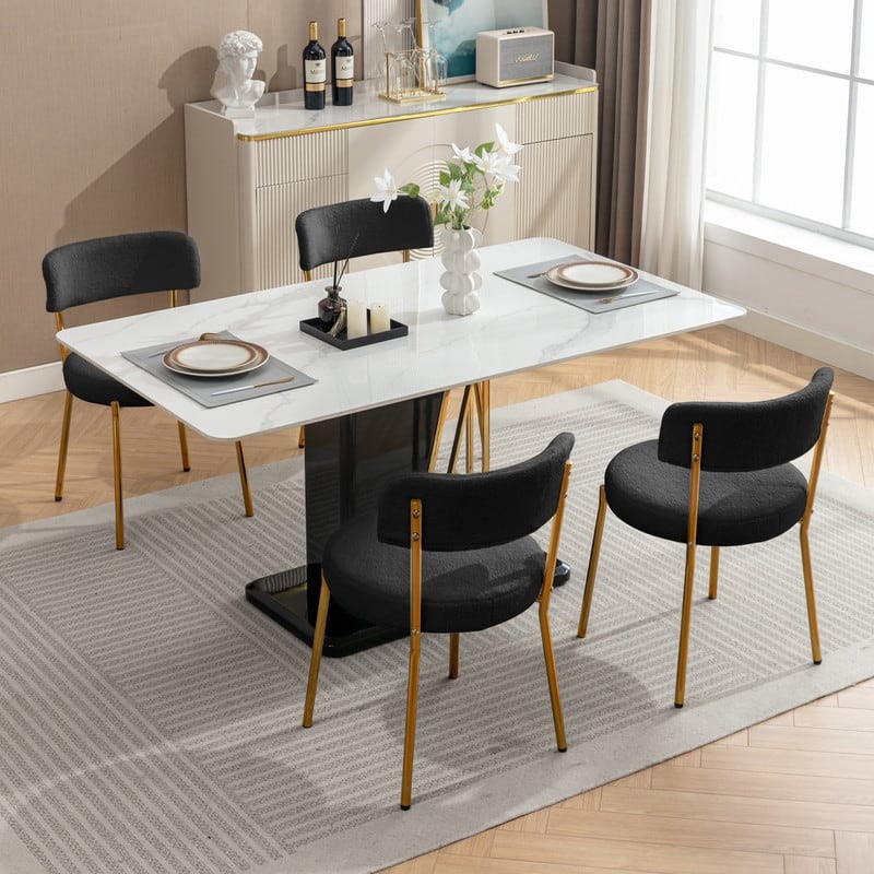 Mixoy 20"Counter Height Bar Stools,Modern Teddy Fleece Bar Stools,Velvet Dinning Chair with Metal Legs for Kitchen Island - Set of 4 - Black with gold legs - Short