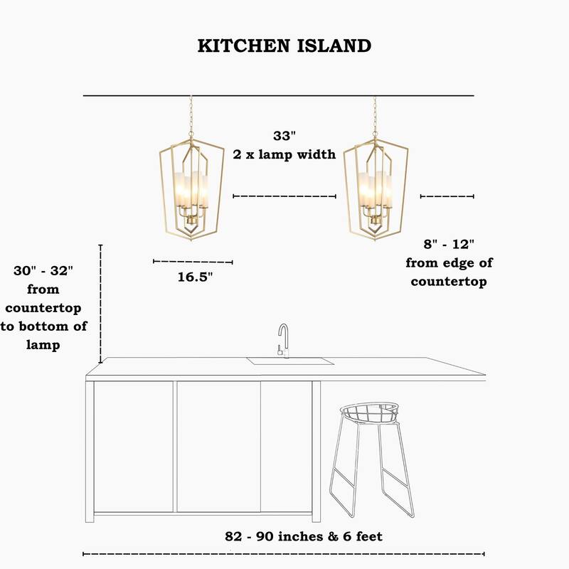 Modern Gold 4-Light Lantern Chandelier Geometric Glass Pendant Light Fixture for Kitchen Dining Room - 16.5"Dx27"H