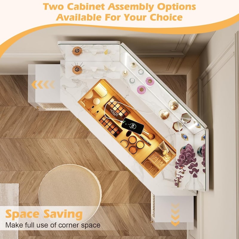 Corner Vanity Desk with 3 Way Mirror and Lights