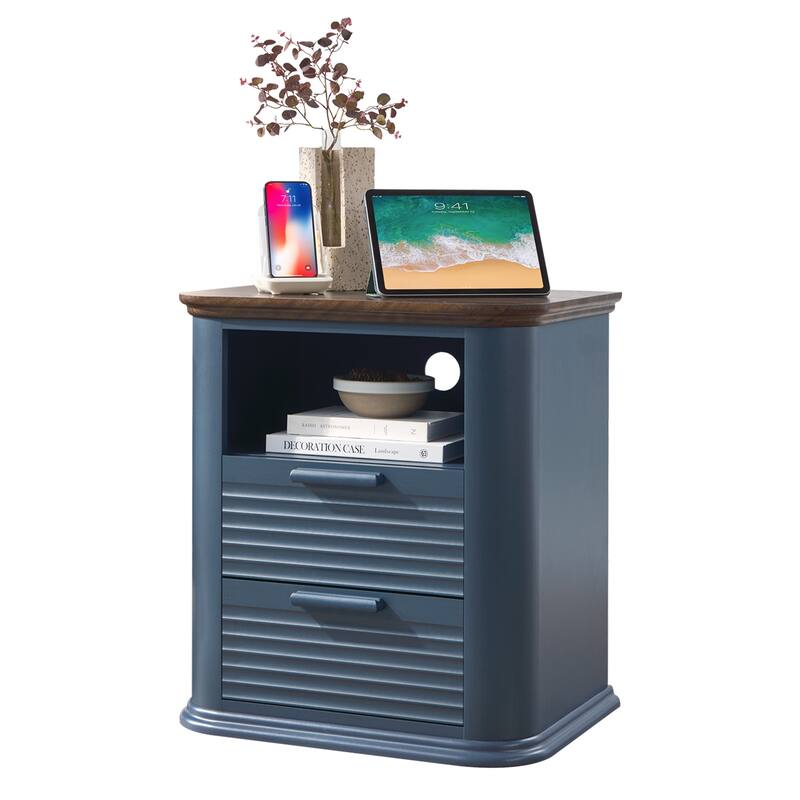 22" Fluted Night Stand with Charging Station, End Table with 2 Drawers & Open Storage, Side Tables Curved Profile Design