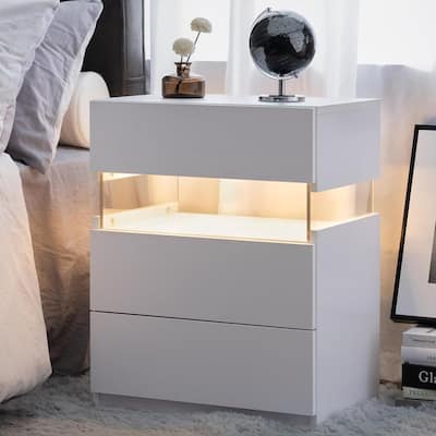 LED Nightstand with 3 Drawer, Coffee Table with Acrylic Board, Decorative Table with RGB Lighting and Touch Control