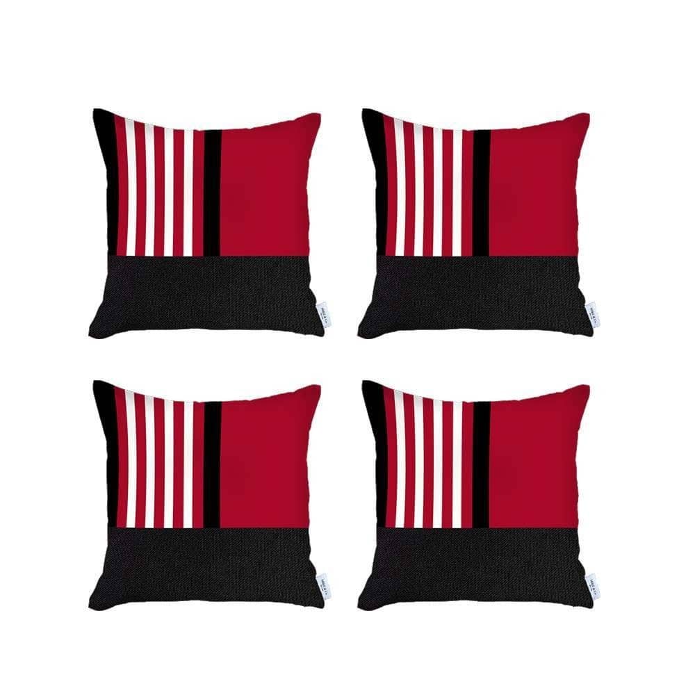 HomeRoots Set Of Four 18" X 18" Red Striped Zippered Handmade Polyester Throw Pillow