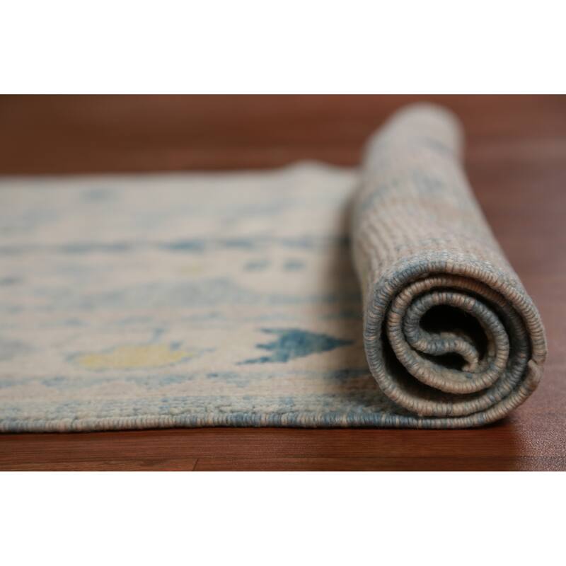 Hand Knotted Oriental 100% Wool Carpet Transitional Geometric Navy Blue & Blues Oushak Runner Rug - 14' 0'' X 3' 4''