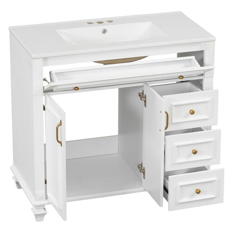 36" Bathroom Vanity with Ceramic Sink, Freestanding Bathroom Vanity Cabinet with Flip-Out Drawer, 3 Drawers & 2 Soft-Close Doors