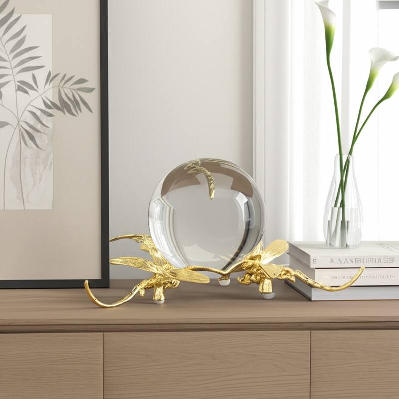 Resin Orb Sculpture Dragonfly Modern Figurine Home Decor - 4" Gold - 8" x 8" x 3.5"