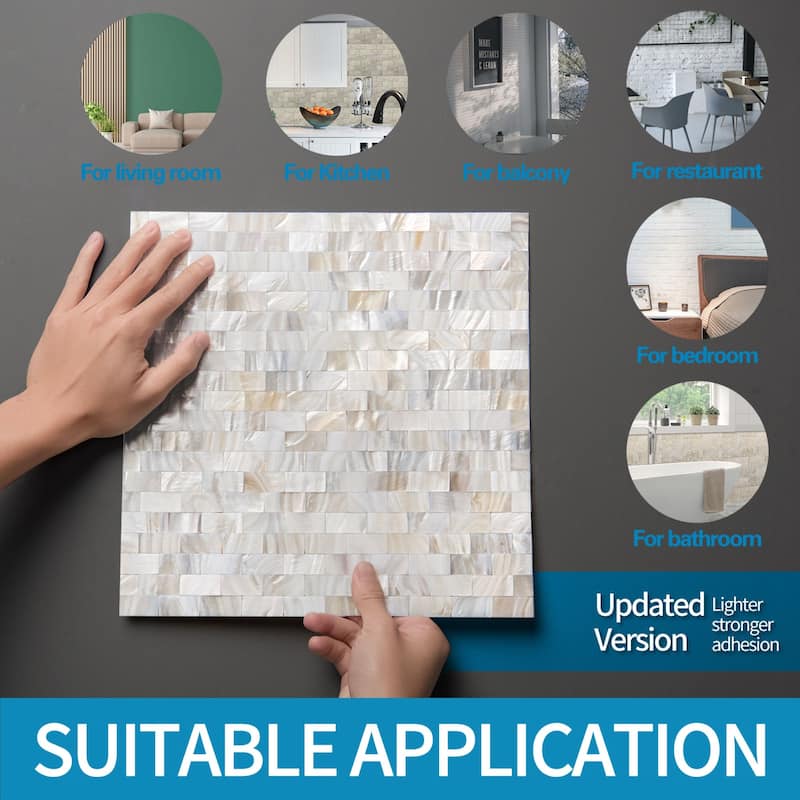 Art3d Peel and Stick Mother of Pearl Shell Tile for Kitchen Backsplash/Bathroom White Rectangle Seamless 6-Pack