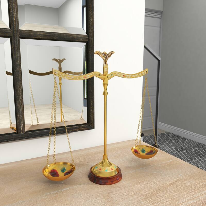 Gold Metal Small Vintage Style Decorative Scales with Red and Green Floral Accents