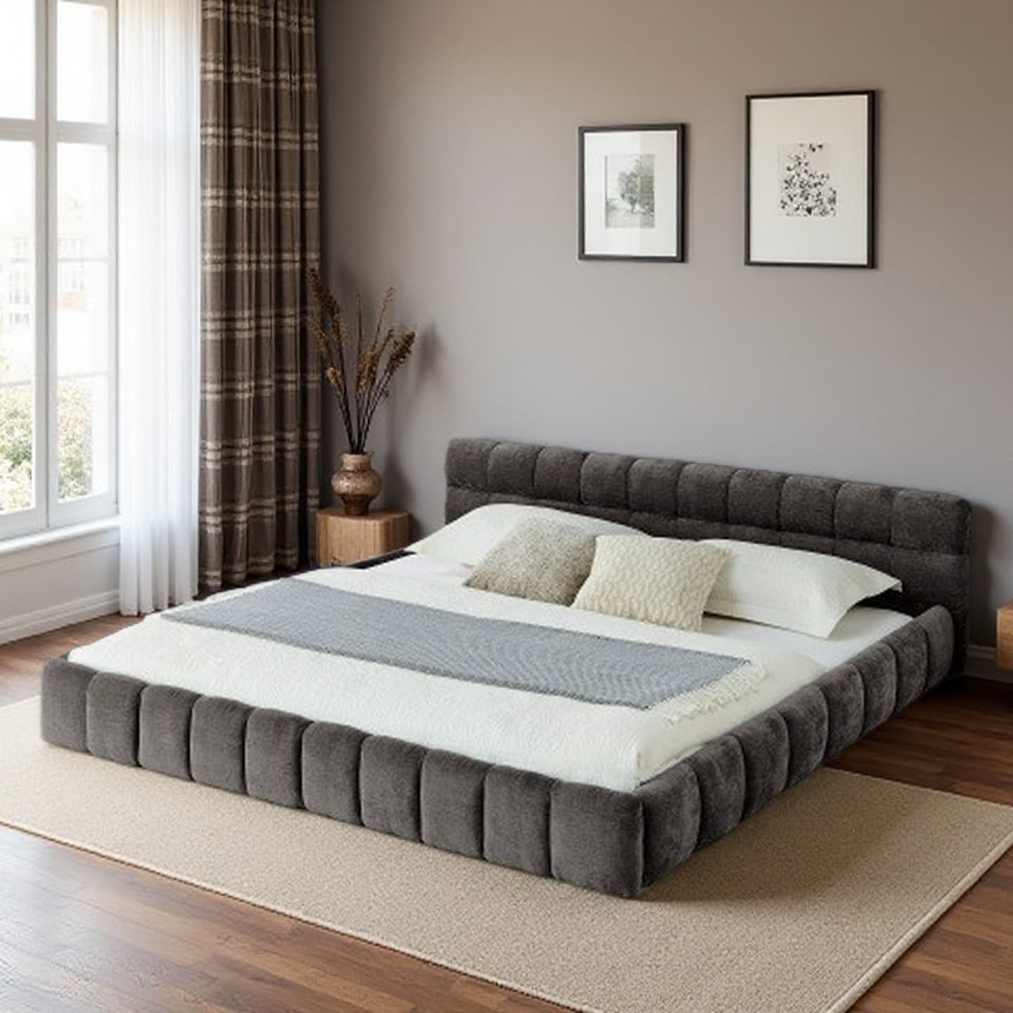 King Size Upholstered Platform Bed with Thick Chenille Fabric, Soft Headboard, Grounded Modern Design
