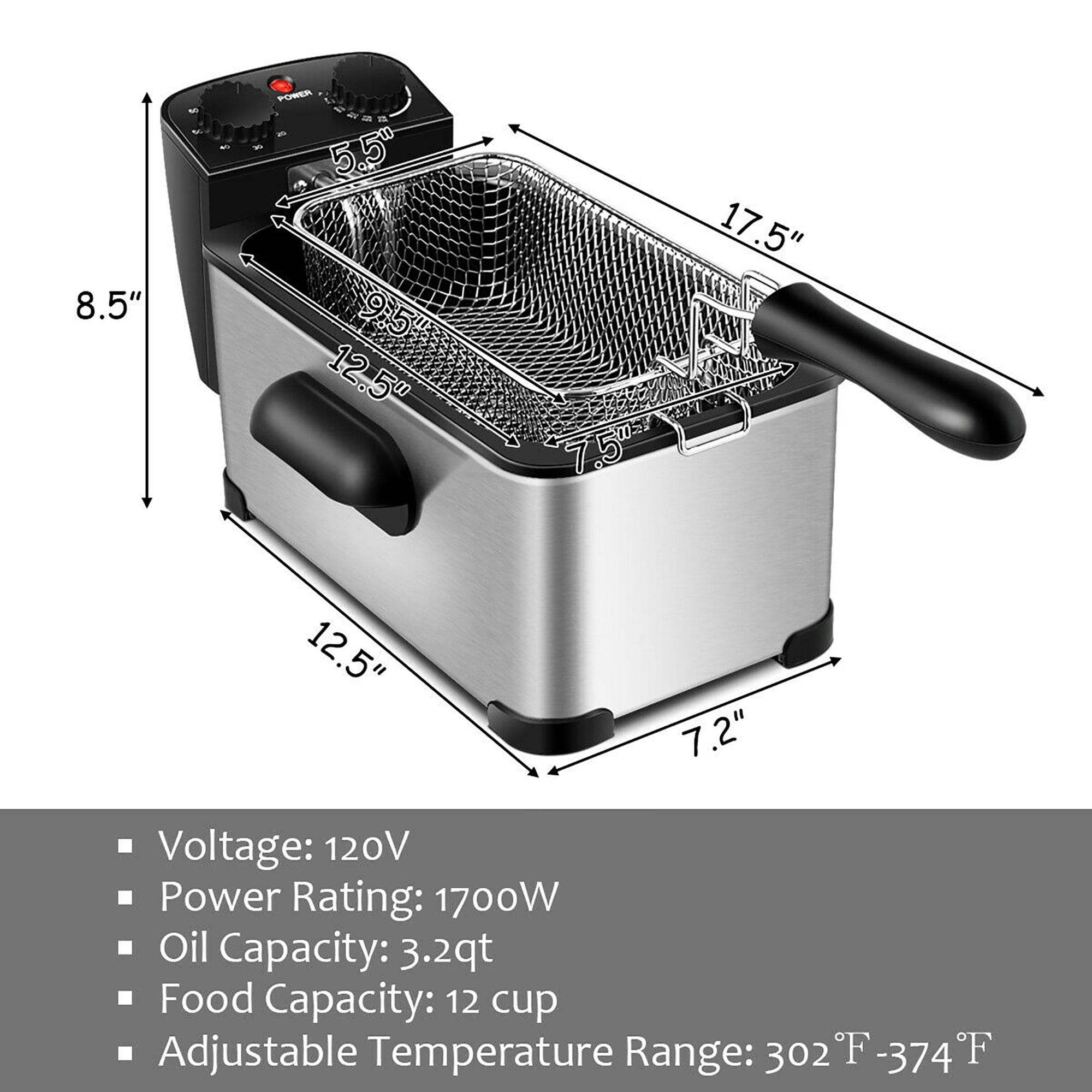 COSTWAY Deep Fryer with Basket, 5.3Qt Stainless Steel Electric Oil Fryer  w/Adjustable Temperature, Timer, Lid with View Window, Professional Style