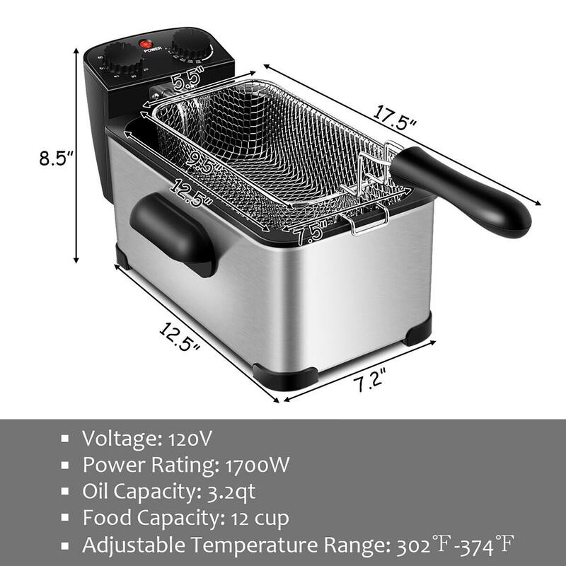 Costway Electric Deep Fryer 3.2/5.3 QT/12/21-Cup Stainless Steel 1700W