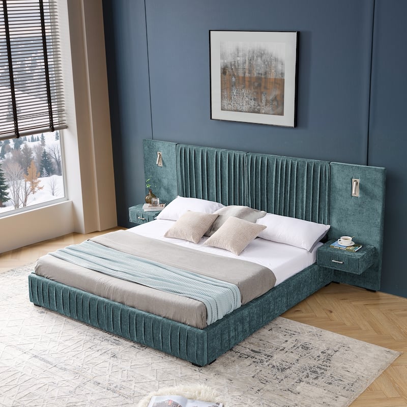 Chenille Upholstered Pleated Platform Bed Frame Wingback Headboard with Side Tables and Adjustable Lamps