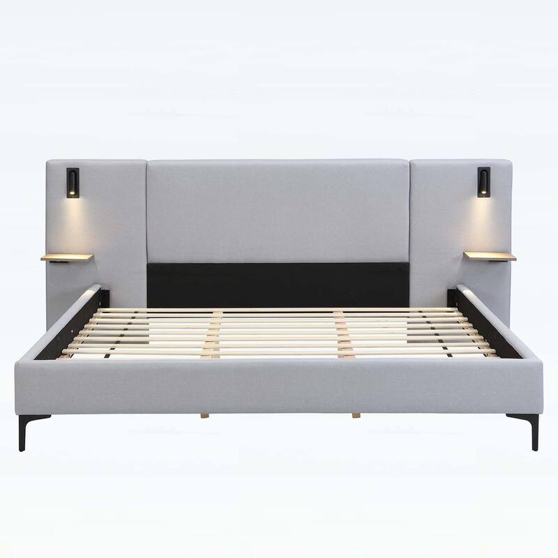 Stylish Design Linen Upholstered Bed with Integrated Lights and Shelves,for Modern and Rustic Interiors