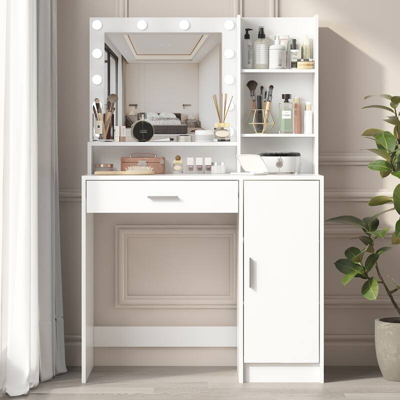 Vanity Desk with Mirror and Lights, Makeup Vanity with Drawer and Storage Shelves, Dressing Table with 3 Lighting Modes - White