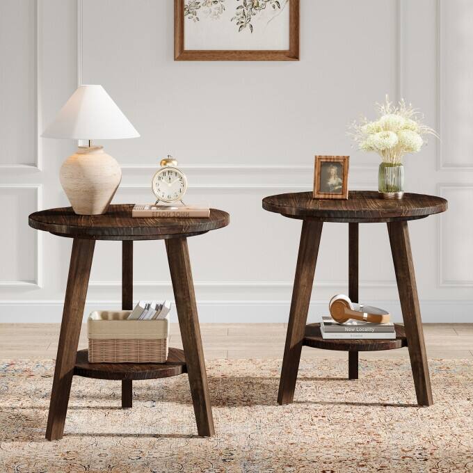 2-Tier Solid Wood Side Table, Circular End Table, Rustic Bedside Table - 2PC - Dark Brown