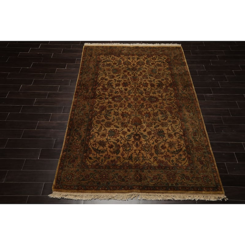 6'2''x9'5'' Hand Knotted Gold Wool Agra Botanical Gold Wash Silky Sheen Rug - 6' 2'' x 9' 5''