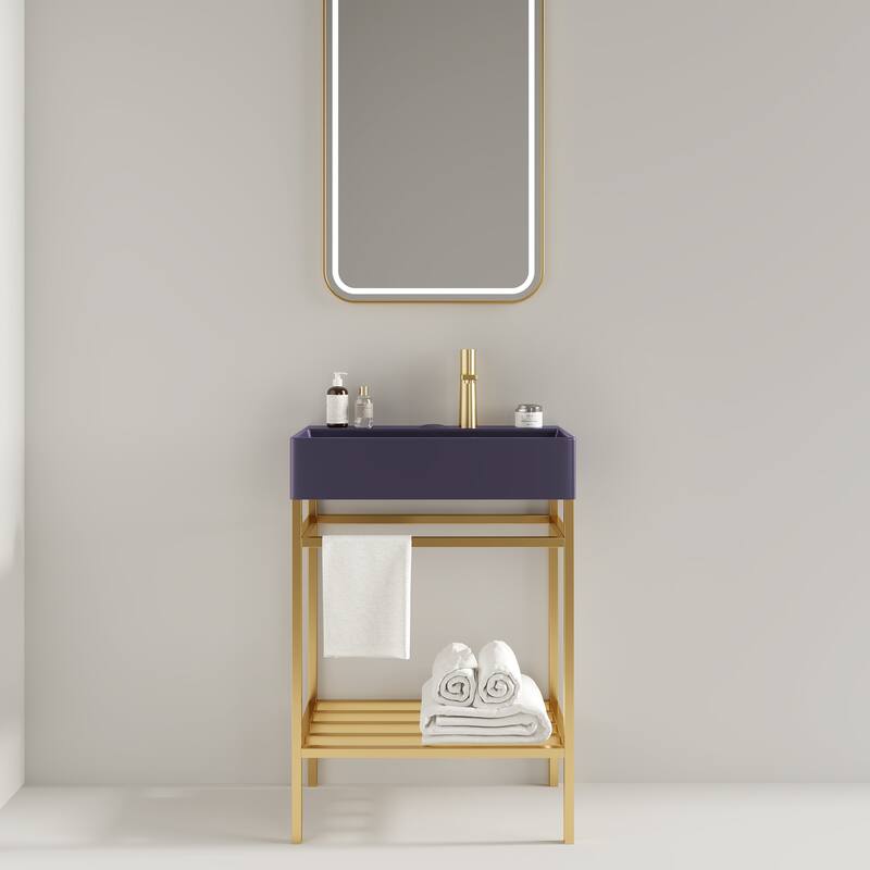 GDFStudio - Lofi Modern 24" Bathroom Vanity with Glossy Rectangular Ceramic Basin & Open Metal Storage Shelf, WITHOUT Faucet