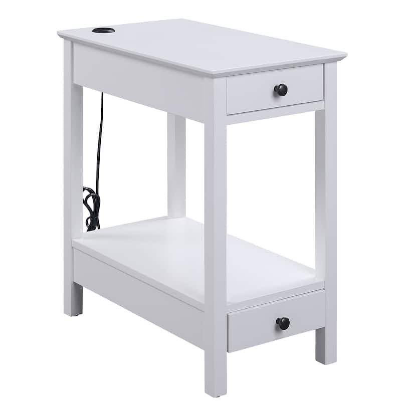 Wooden Frame Side Table with 2 Drawers and 1 Bottom Shelf, White