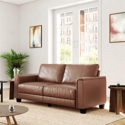 DHP Colton 75.5" Upholstered Sofa with Pillow Arms, Camel Faux Leather