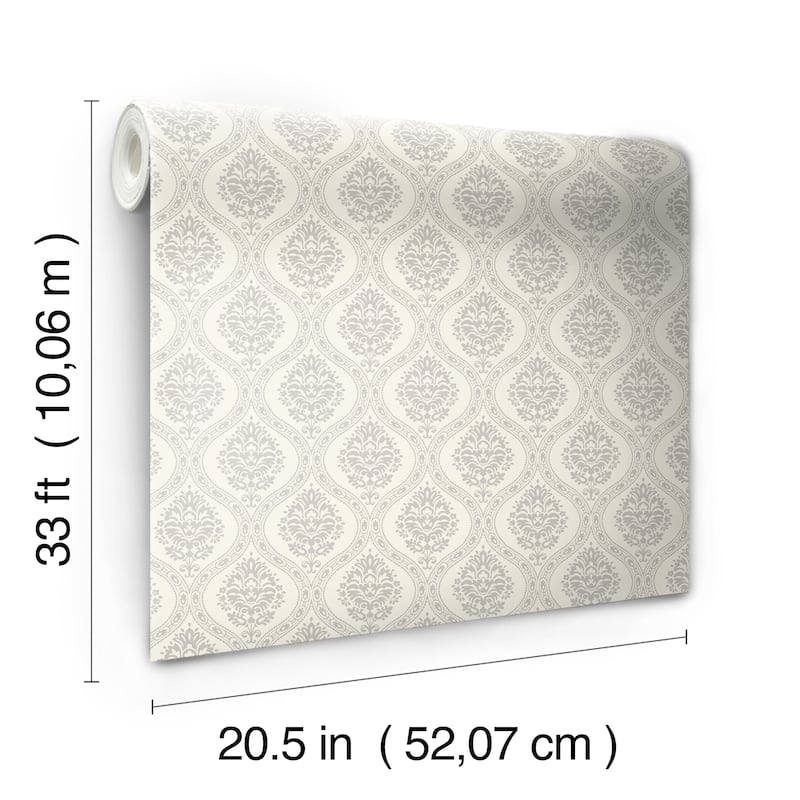 Fullerton Taupe Sure Strip Prepasted Damask Petite Ogee Wallpaper Covers about 56 sq. ft.