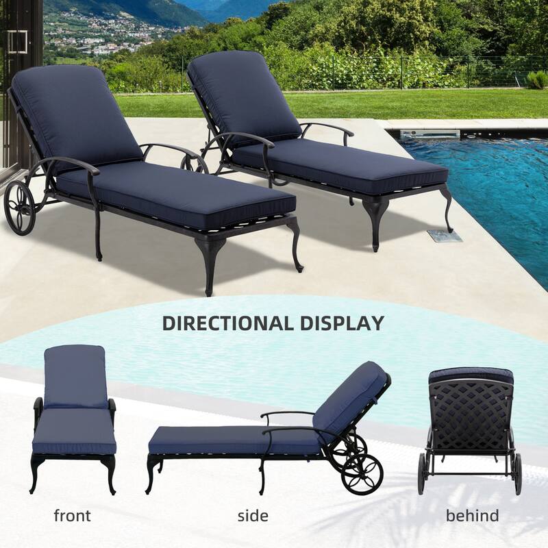 Aluminum Reclining Outdoor Chaise Lounge with Wheels and Cushions (Set Of 2)