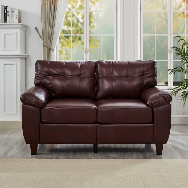 Modern Deep Seat Upholstered Lounge Couch PU Leather Loveseat Sofa with Storage, Wide Cushioned Armrests and Tufted Backrest - Burgundy