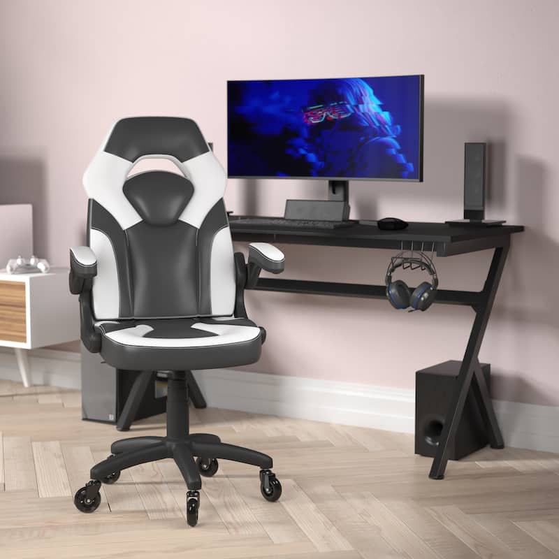 Office Gaming Chair with Skater Wheels & Flip Up Arms - LeatherSoft - Green/White