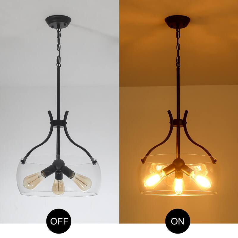 Simple and elegant 3-light metal frame pendant lamp with adjustable height chain and glass lampshade