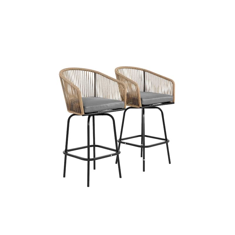 Outdoor Bar Stools Set of 2,All-Weather Rattan Bar Chairs with Armrests & Backrest