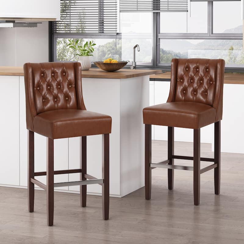 30.5" Counter Stool with Light Brown PU Upholstery, Back Support & Metal Footrest for Kitchen Island