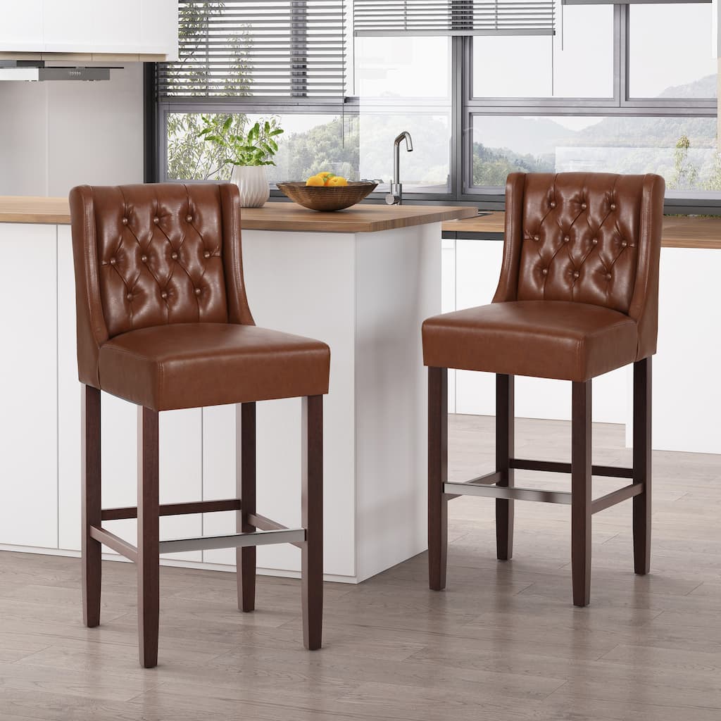 30.5" Light Brown PU Upholstered Bar Stool with Back Support & Metal Footrest - Counter Stool for Kitchen Island