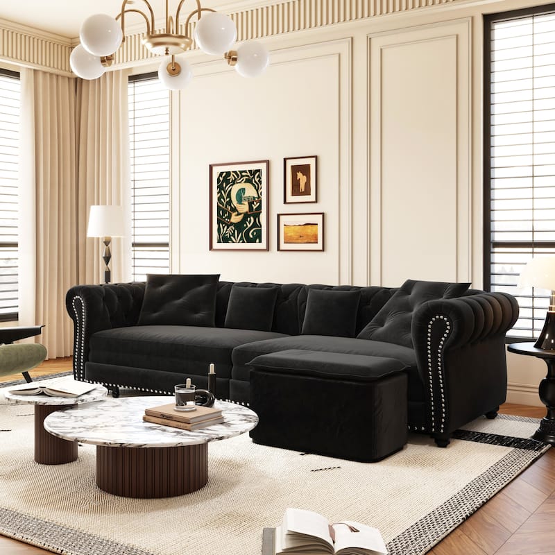 3-in-1 Pull-Out Sofa Bed, Convertible Sleeper Sofa, King Chaise Lounge,Velvet 3-Seater Sofa with Movable Ottoman