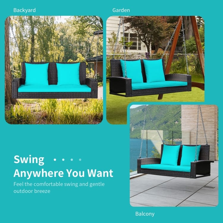 2-Person Wicker Hanging Porch Swing with 2 Back Cushions and 1 Seat Cushion - 50" x 22" x 20.5" (L x W x H)