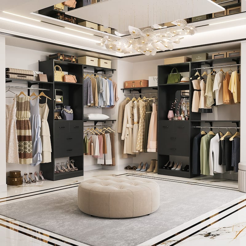25'' - 96" W Closet System with 4 Wooden Drawers and Mirror, Walk-in Closet Organizer Kits with 3 Extendable Hanging Rods