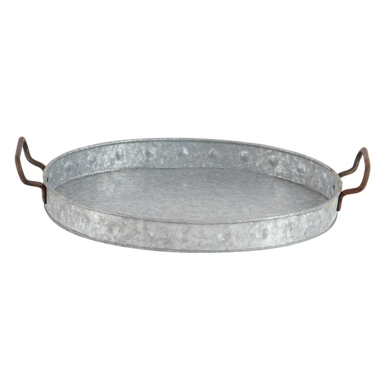 Gray Metal Galvanized Oval Living Room Decor Tray with Rust Handles (Set of 3)
