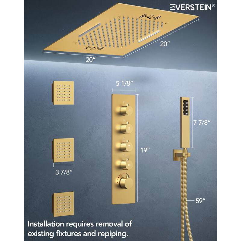 20" Thermostatic Shower System, 64-Color LED Mood Lighting 2-Functions Shower Head with Bluetooth Music & 3 Body Jets
