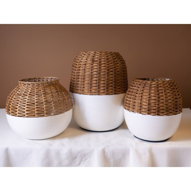 Textured Iron Cane Vase - 8" - Beige and White
