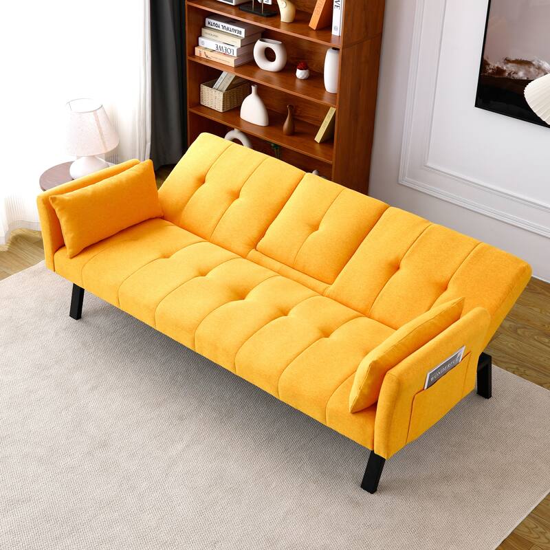 Cotton Linen Fabric Loveseat Sofa Sleeper Sofa Bed for Small Space with Center Table, Cup Holders, Pillows and Side Pockets