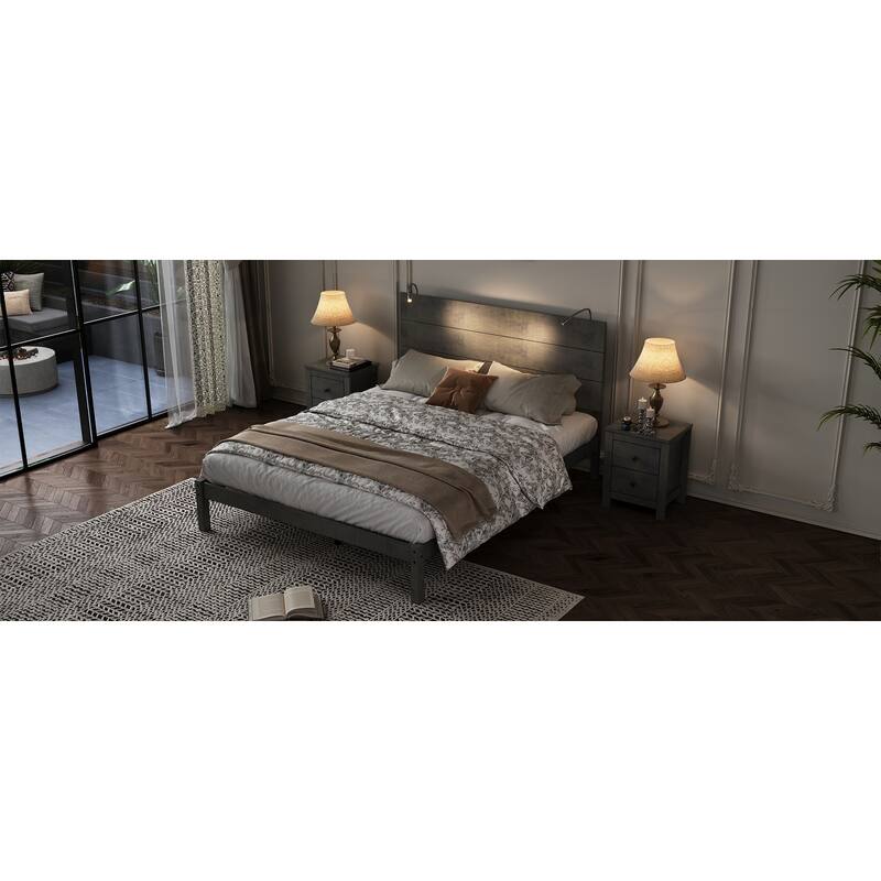 Farmhouse Wooden Platform Full Size Bed, Modern Platform Bed with Two Bedside Lights