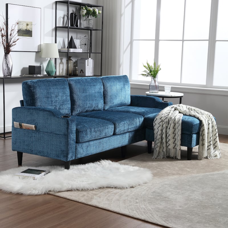 HOMEFUN Chenille Upholstered L-Shaped Living Room Sofa with Storage Ottoman - Blue