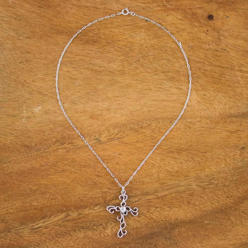 Novica Handmade Gothic Lace Sterling Silver Cross Necklace