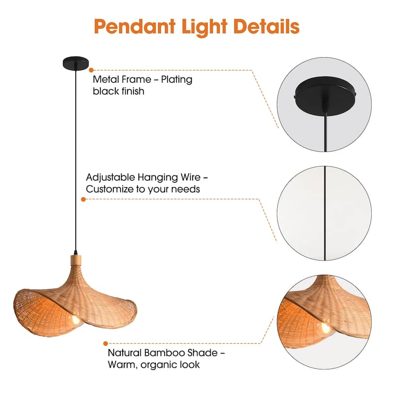 20" Natural Wicker Rattan Adjustable Pendant Light Chandelier for Dining Room