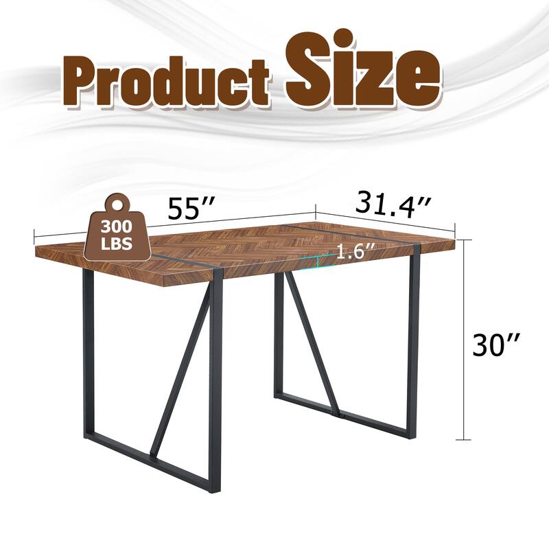 A Minimalist Retro Rectangular Dining Table with a specially Textured Top and Black Metal Legs - Black,Brown