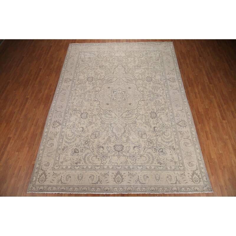 Hand Knotted Oriental 100% Wool Carpet Traditional Floral Beige & Ivories Tabriz Area Rug - 13' 2'' X 9' 10''