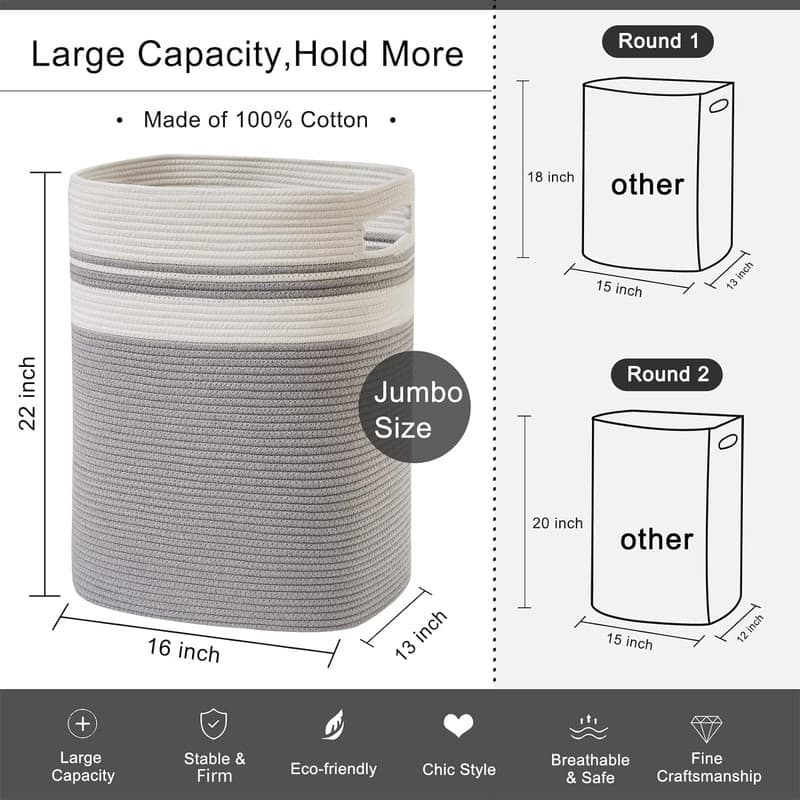 Laundry Hamper-Laundry Basket,Tall Cotton Storage Basket with Handles - 16*13*22