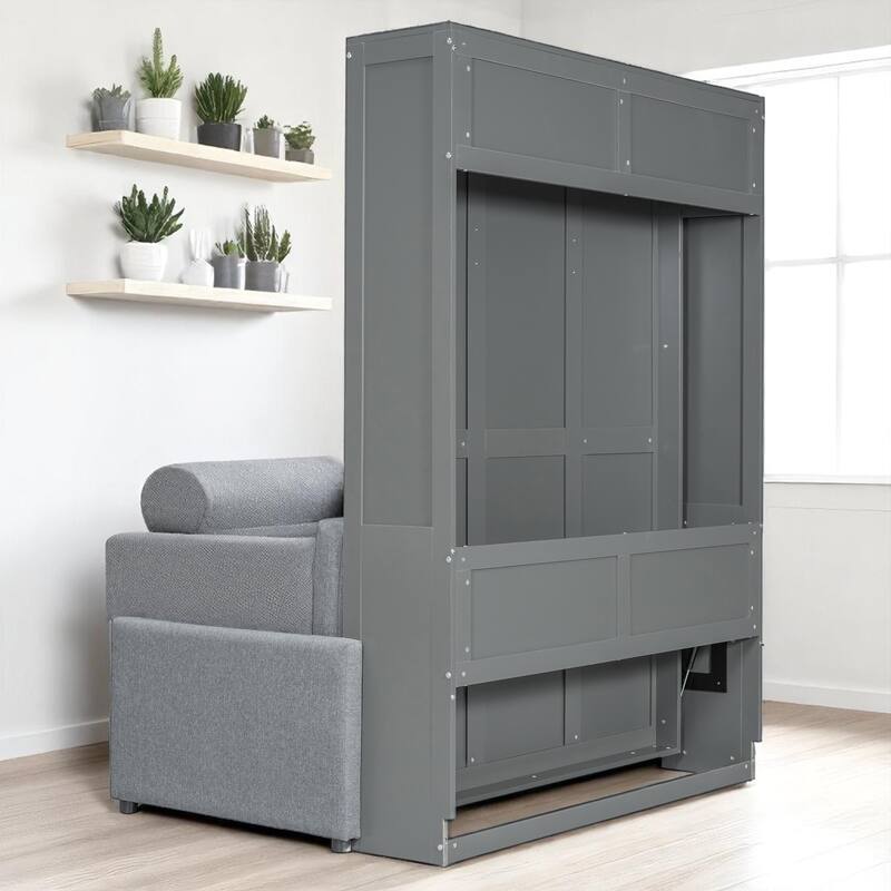 Full/Queen Size Murphy Bed Wall Bed with Sofa & Storage, Foldable Space-Saving Design with Cushion